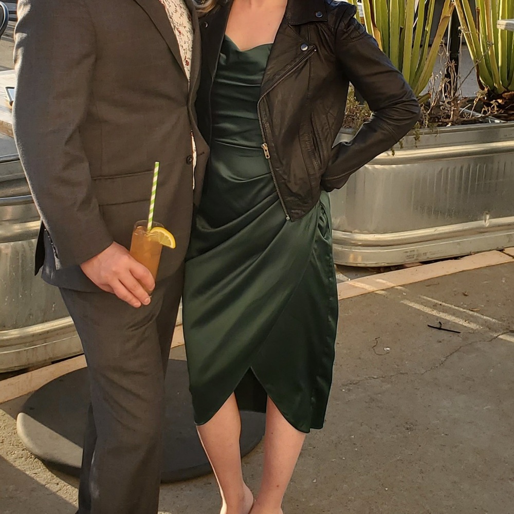 Green silky cowl neck midi dress